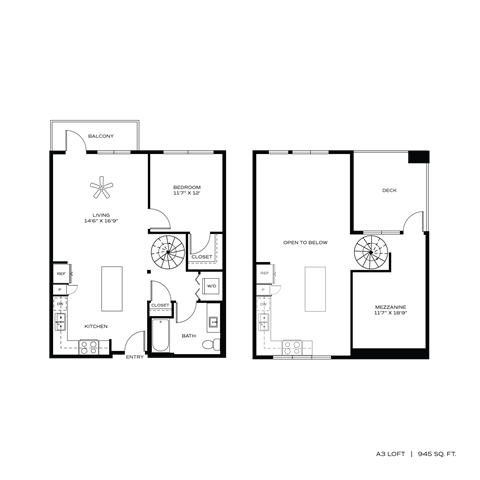 Floor plan for 1 bed, 1 bath, 945 sqft